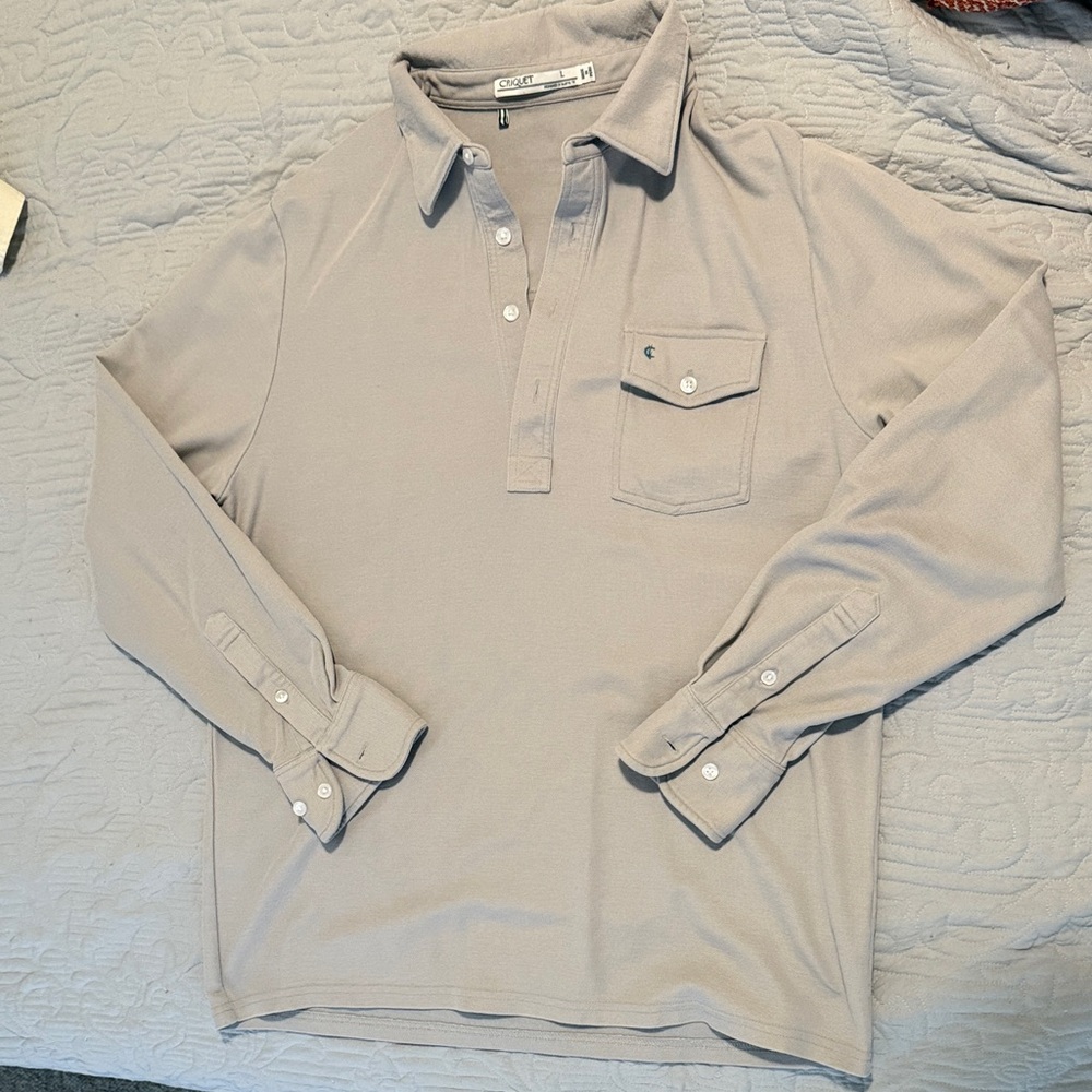 Criquet Men's Light Gray Casual Polo Long Sleeve Shirt